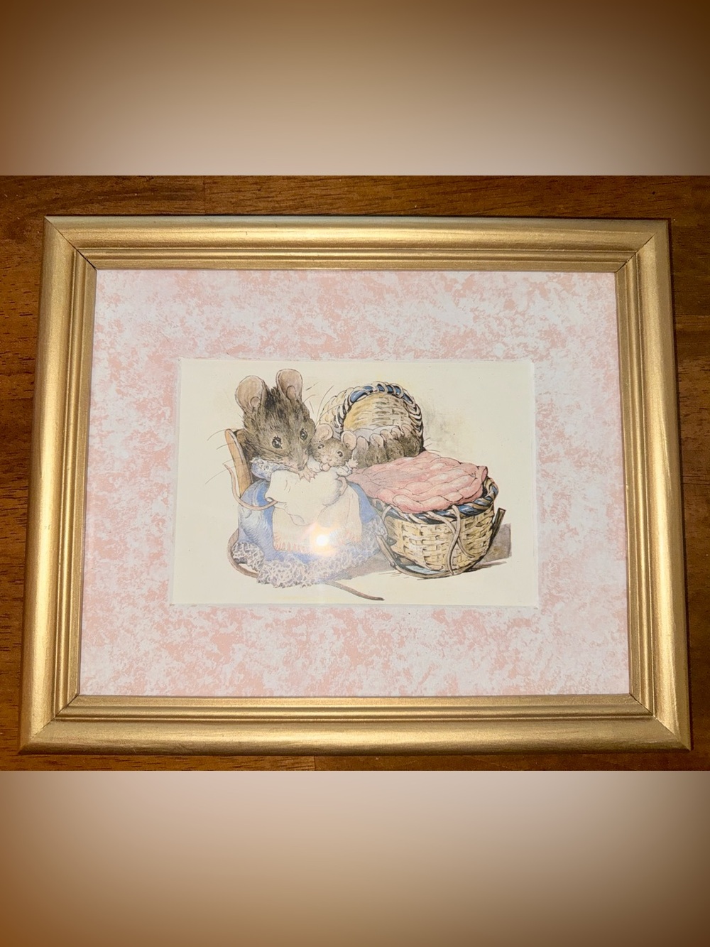 Vintage Gold Frame Art Print Hunca Munca Babies Beatrix Potter Baby Pink Nursery
